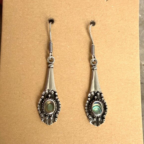 Sterling Silver 925 Dainty Abalone Elongated Dangle Drop Earrings - Picture 15 of 15